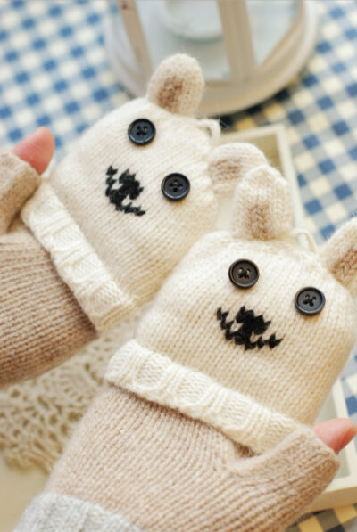 出口日本 温暖暖冬萌物 可爱羊毛半指保暖加厚露指毛线手套2穿式