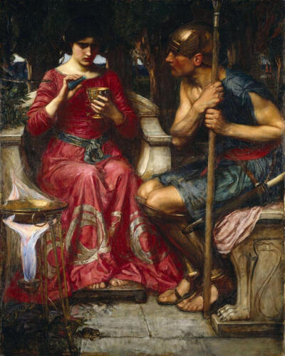 《伊阿宋与美狄亚》（1907）——John William Waterhouse。魔女美狄亚，从赫利俄斯处习得魔法，在对赫卡忒神殿的拜访中得到提升。对伊阿宋一见钟情，为躲避追兵杀死自己的弟弟，在伊阿宋移情别恋后让情敌穿上有毒的…