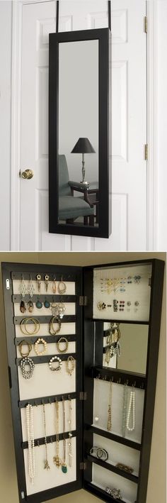 So smart. Over the door mirror that opens up as a jewelry organizer
