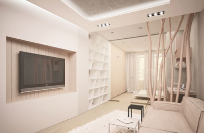 这个单身#公寓#是个45平的通间，设计师选用木系色调装饰，客厅与卧室之间以树枝作为隔断，进屋让人深感自然温馨。