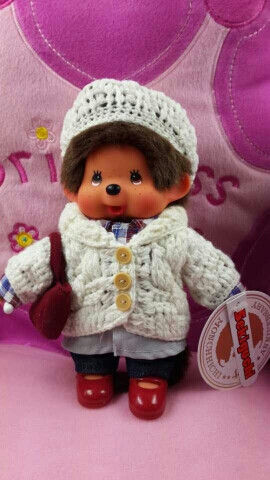 特价 秒杀 日本 正版 蒙奇奇 monchhichi 白色绒线帽毛衣女孩