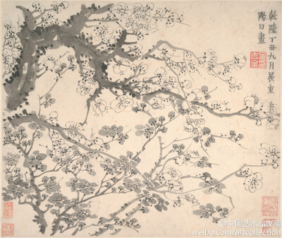 【 清 金农 《梅花图册》 】册页，水墨纸本，25.4×29.8cm×12，美国大都会艺术博物馆藏。 金农（1687—1763）博学多才，嗜奇好古，收金石文字千卷。精篆刻、鉴赏，善画竹、梅、鞍马、佛像、人物、山水。尤精墨梅。所…