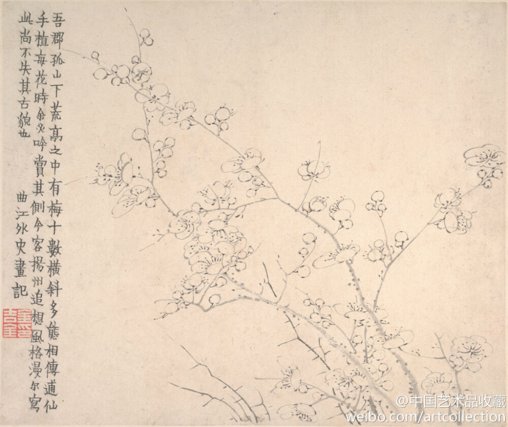 【 清 金农 《梅花图册》 】册页，水墨纸本，25.4×29.8cm×12，美国大都会艺术博物馆藏。 金农（1687—1763）博学多才，嗜奇好古，收金石文字千卷。精篆刻、鉴赏，善画竹、梅、鞍马、佛像、人物、山水。尤精墨梅。所作梅花，枝多花繁，生机勃发，古雅拙朴。