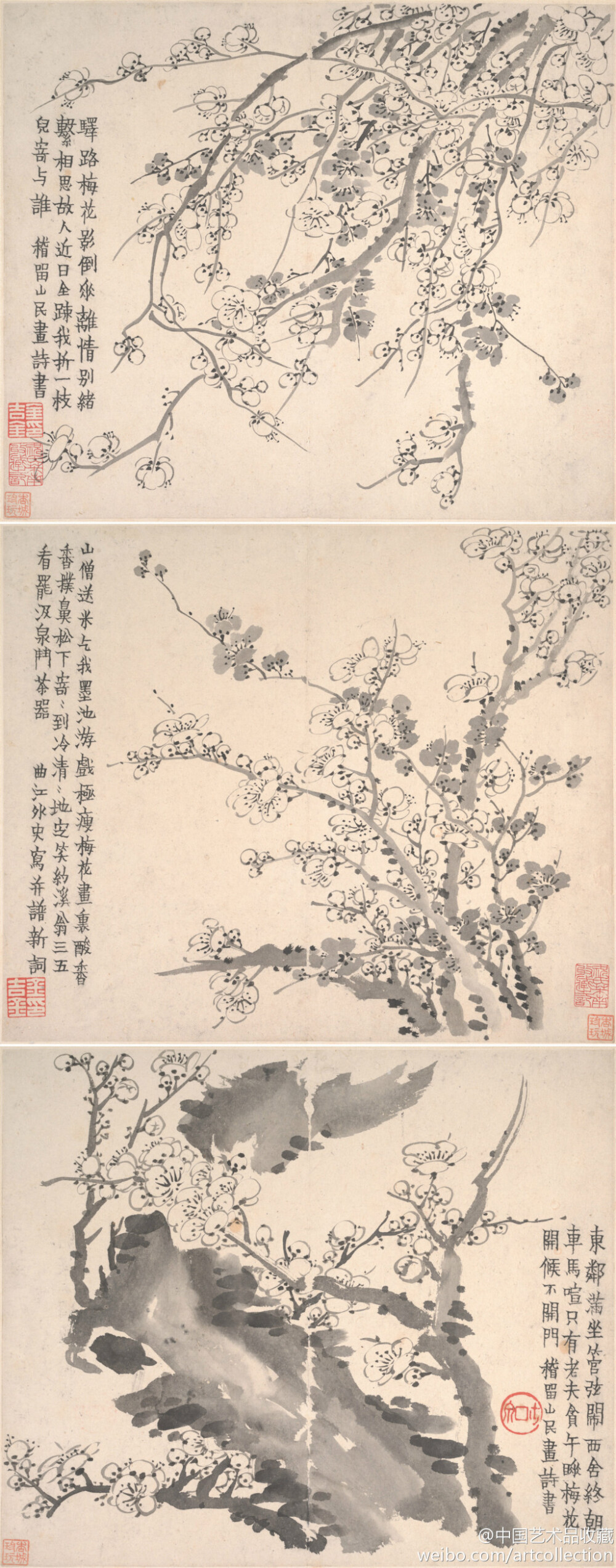 #扬州八怪#【 清 金农 《梅花图册》 】册页，水墨纸本，25.4×29.8cm×12，美国大都会艺术博物馆藏。 金农（1687—1763）博学多才，嗜奇好古，收金石文字千卷。精篆刻、鉴赏，善画竹、梅、鞍马、佛像、人物、山水。尤精墨梅。所作梅花，枝多花繁，生机勃发，古雅拙朴。