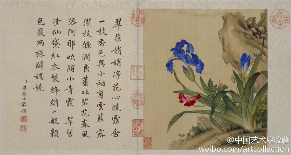 【 清 郎世宁 《花鸟图册》 】册页，绢本设色，32.6×28.6cm×10，北京故宫博物馆藏。 此图册分别描绘了牡丹、兰花、罂粟、萱草、荷花、梅花等艳丽多姿的花卉和体态生动的蝶、鸟。技法上发挥了欧洲绘画注重明暗及透视的特点，以工致细腻的笔触，刻画出花瓣、叶片以及鸟雀的羽毛质感和体积感。