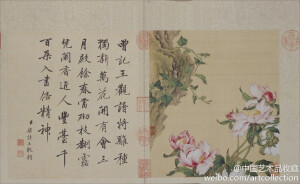 【 清 郎世宁 《花鸟图册》 】册页，绢本设色，32.6×28.6cm×10，北京故宫博物馆藏。 此图册分别描绘了牡丹、兰花、罂粟、萱草、荷花、梅花等艳丽多姿的花卉和体态生动的蝶、鸟。技法上发挥了欧洲绘画注重明暗及透视的特点，以工致细腻的笔触，刻画出花瓣、叶片以及鸟雀的羽毛质感和体积感。