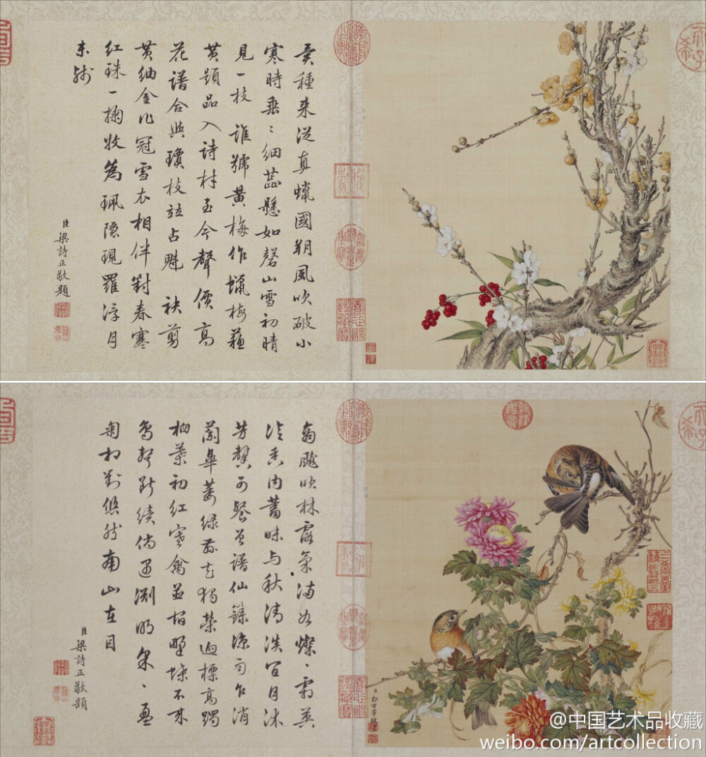 【 清 郎世宁 《花鸟图册》 】册页，绢本设色，32.6×28.6cm×10，北京故宫博物馆藏。 此图册分别描绘了牡丹、兰花、罂粟、萱草、荷花、梅花等艳丽多姿的花卉和体态生动的蝶、鸟。技法上发挥了欧洲绘画注重明暗及透视的特点，以工致细腻的笔触，刻画出花瓣、叶片以及鸟雀的羽毛质感和体积感。