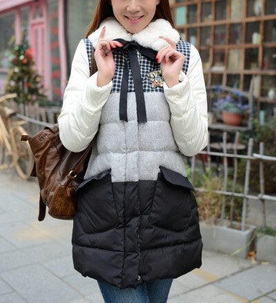 韩版冬装missfofo正品甜美学院风獭兔毛格子拼接中长款羽绒服外套