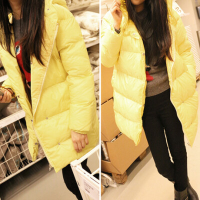 2013冬装韩版新款女式超保暖中长款甜美口袋纯色连帽轻羽绒棉外套