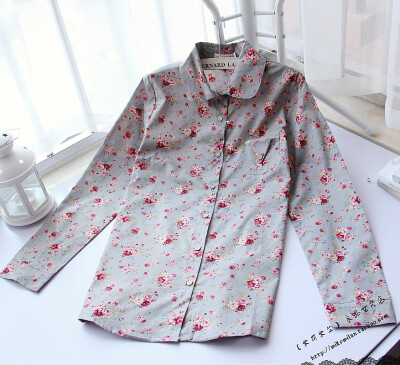 日系森女系外贸原单复古碎花玫瑰花彼得潘小圆领 衬衫 衬衣女装