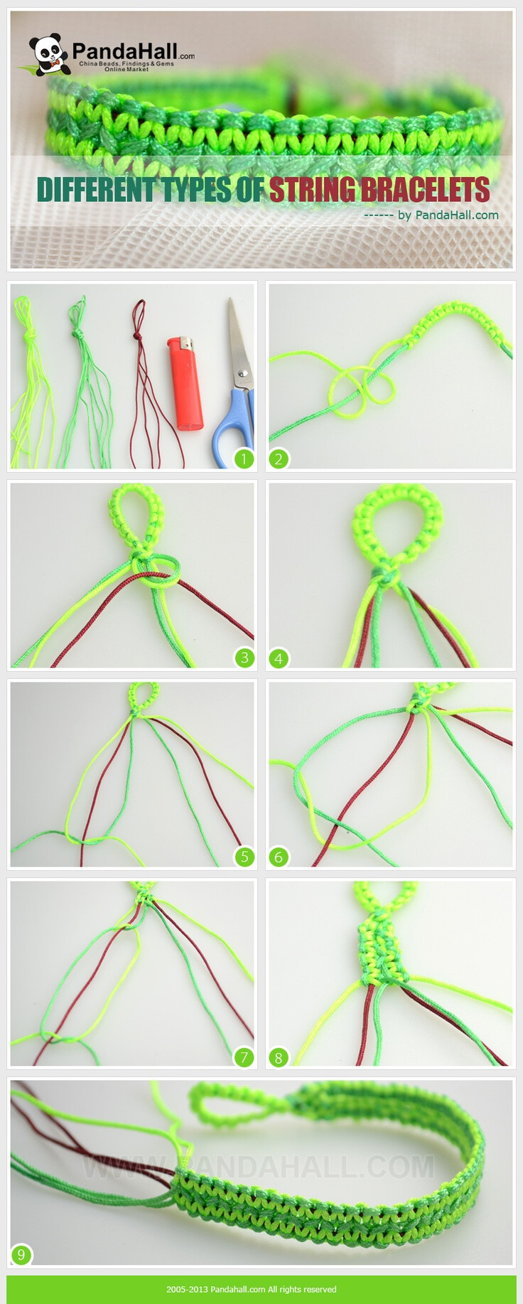 Different types of string bracelets. These instructions will lead you how to make cool hemp bracelets step-by-step. Via learning this tutorial, you will find another way making marvelous string bracelet.