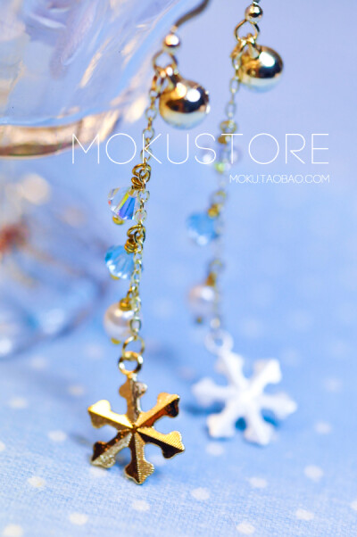 MokuStore●手工●色森林系雪花+施家水晶耳环雪の音