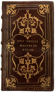 This Aldine edition of Aulus Gellius's Noctes Atticae was executed for Jean Grolier. It is in light brown morocco with tooling on the upper and lower covers. Venice, 1515. Rare Book and Special Collections Division, Library of Congress. (17 cm. by 10 cm. by 5 cm.)