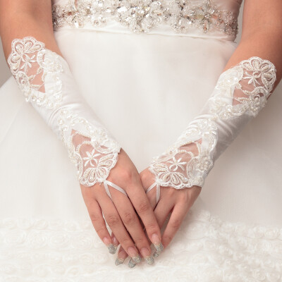 艾慕新娘婚纱缎面刺绣露指对花手套~~新娘必备绝对实拍
