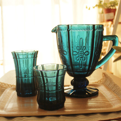 四月。蓝色复古浮雕玻璃冷水壶水杯子茶具套装一壶两杯zakka