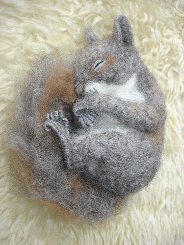 Needle Felted Sleeping Squirrel I want this with my little mouse!