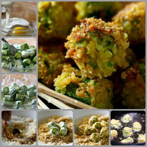 【炸秋葵】  做法：  1、鸡蛋1个打散，加入100ml牛奶和少许盐打匀；秋葵改刀成小段，倒入蛋液中拌匀，使每颗秋葵都沾上蛋液；  2、面包糠里加入少许咖喱粉（可选）拌匀，放入秋葵并摇动盘子，让秋葵在盘中滚动并均匀裹上面包糠；  3、入油锅炸1分钟左右至表面金黄捞出，放在吸油纸上停留一会儿；可用甜辣酱或喜欢的蘸酱佐食。