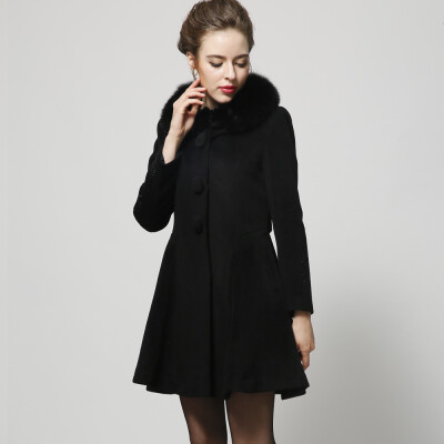 羊绒大衣艾薇克丝2013秋冬新款欧美中长款狐狸毛领羊毛呢大衣外套。