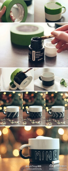 DIY Chalkboard Mugs | I love these! What a great gift idea (just a pic no directions but it should be fairly simple) Update: check my Chalk It Up board. I found a tutorial for this!