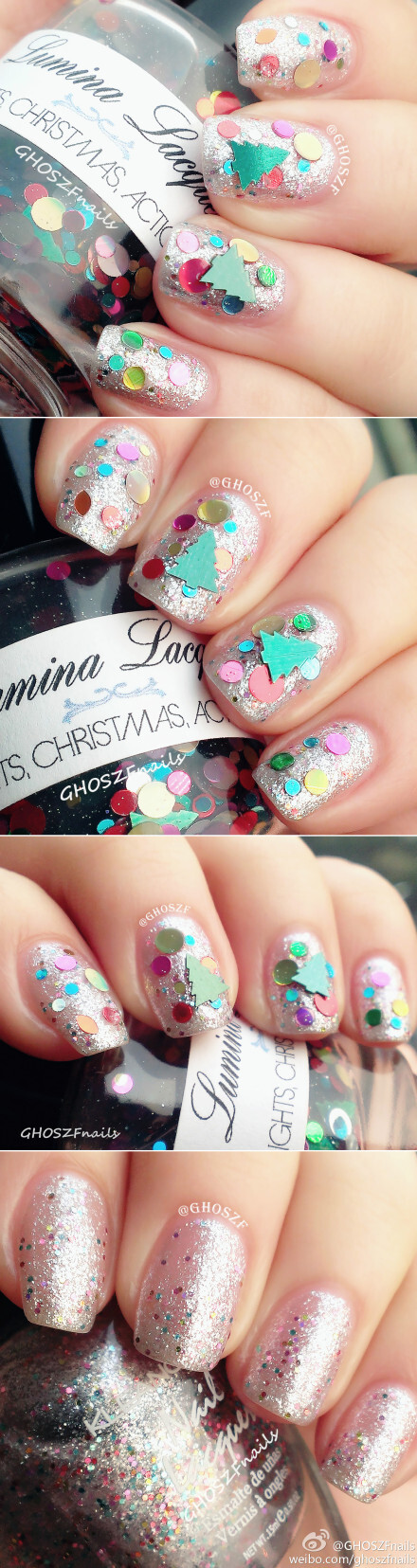 Christmas nails 第四弹~Lumina Lacquer - Lights, Christmas, Action 超级可爱的圣诞甲油！圣诞树和大小圆亮片搭配可爱爆了，瞬间有彩灯点亮的节日气氛~底色是Kleancolor - Winter Wonderland 银色配彩色小闪片，不抢大亮片的风头，非常搭~@进击的刘老板_春风得意version