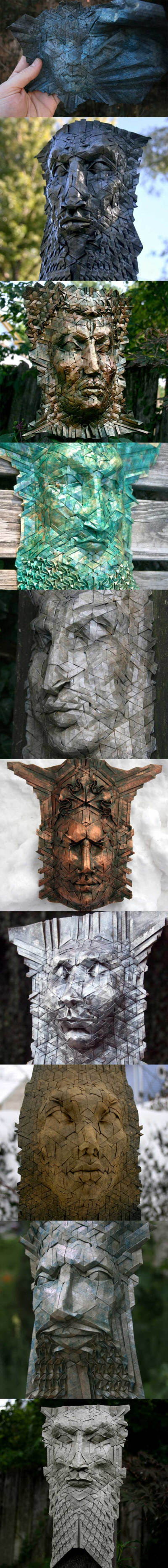 Joel Cooper是一位沉醉于“造纸术”的艺术家，他在不使用胶水的情况下，将纸折叠成六角形，然后再拼装成一个个具有几何纹路的面具，Cooper称之为“镶嵌折纸”。