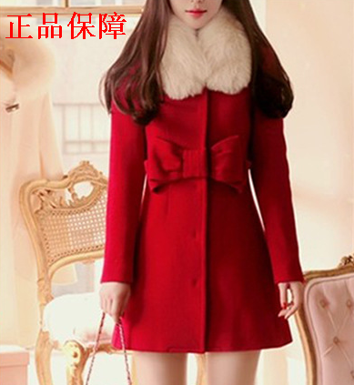 2013韩版爆款甜美可爱仿毛领修身蝴蝶结红呢子大衣冬外套送毛领