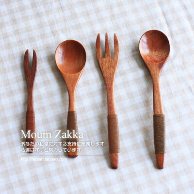 楠木绕线件套木制餐具水果叉木叉实木勺汤勺zakka杂货