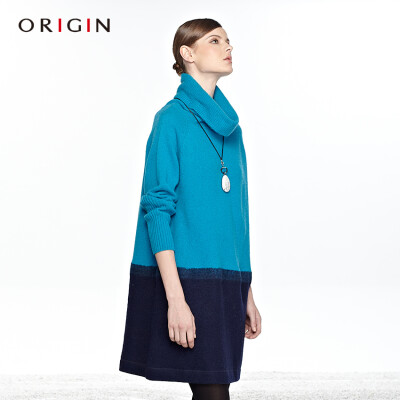 ORIGIN安瑞井女装 2013秋冬新品 纯羊毛堆堆领修身保暖拼色连衣裙。