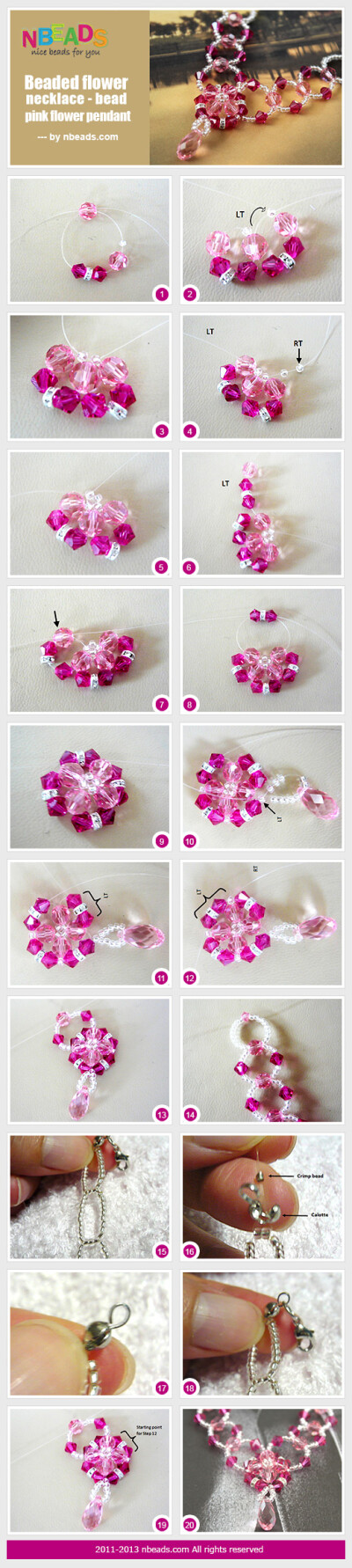 beaded flower necklace - bead pink flower pendant