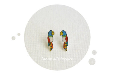 Parrot earrings, bird stud earring, colorful illustrated jewelry