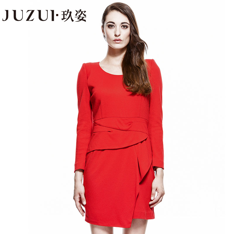 玖姿JUZUI专柜正品2013冬季新款女装长袖圆领羊毛连衣裙JWSD50001。