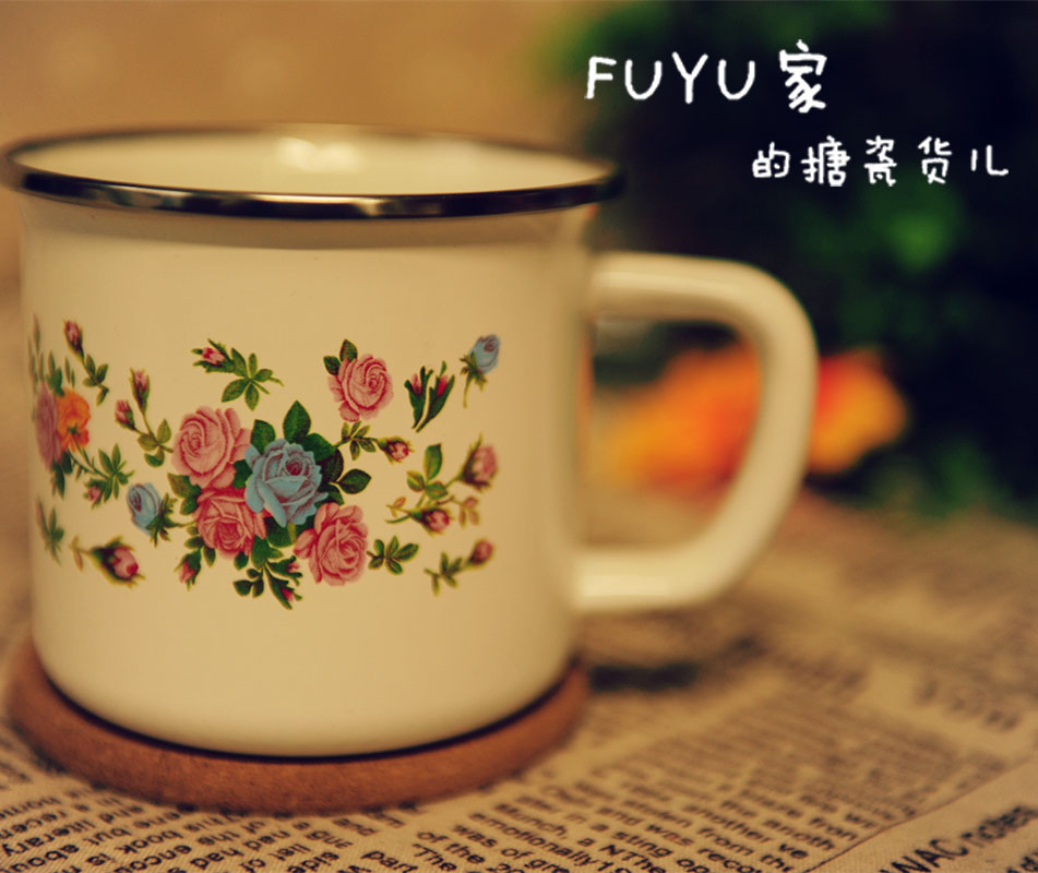 外销9cm 碎花加厚搪瓷口杯 水杯 茶杯 高质量中空把手