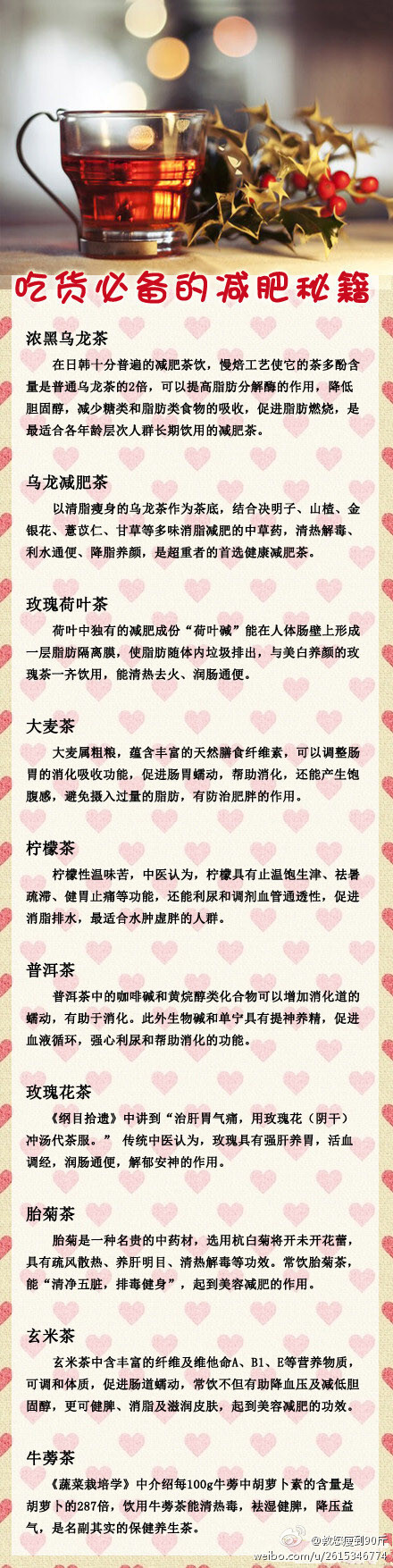 【吃货必备的减肥秘笈】1.节食者推荐喝→浓黑乌龙茶 2. 减重者喝→乌龙减肥茶3. 压力造成便秘喝→玫瑰荷叶茶 4.涨气者喝→大麦茶 5.消脂喝→柠檬茶 6.积食喝→普洱茶 7.护胃喝→玫瑰花茶 8.清火排毒→胎菊茶 9.油腻喝→玄米茶 10.高血压喝→牛蒡茶