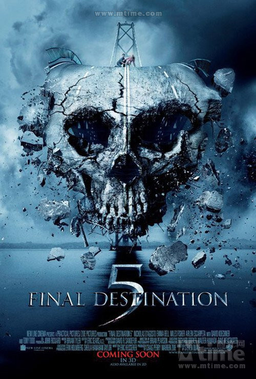 死神来了5Final Destination 5(2011)继前四部飞机失事、连环车祸、过山车脱轨和赛车场意外后，拉开新故事序幕的将会是一场吊桥倒塌事件，一个男子的预感救了一群参加公司组织的野外拓展活动的同事，令他们遭遇了悬索桥坍塌的意外灾难侥幸逃生。但是这群倒霉蛋们注定无法顺利逃生，在与时间的可怕赛跑中，他们发了疯一样寻求逃脱死神的魔掌。