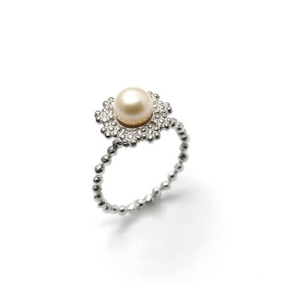 中国设计师【MeeNi】纯手工 925银优雅花朵珍珠戒指