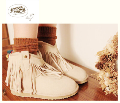 周末姑娘冬季！真皮流苏保暖雪地靴翻毛皮中筒雪地靴