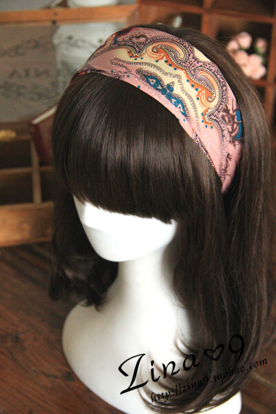 Zina9 欧美原单复古发饰头饰 烟粉印花发绳发带 韩版发箍头箍