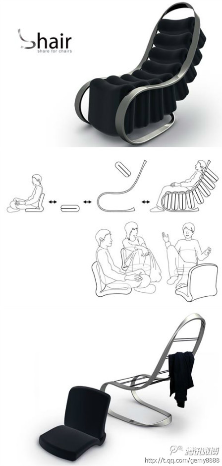 #创意家居#这是由设计师Jie-Jyun Lyu带来的椅子，它的上面悬挂了八个坐垫，而每一个坐垫又可以单独取下作为一把新的座椅，因而它可以给多人同时使用。此外，当客人来了的时候，还可以用来挂他们的外套、帽子等