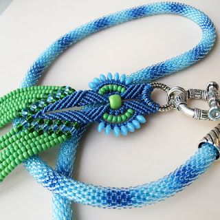 Marta Jewelry: Blue and Green bead crochet with a micro macrame focal.