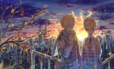 animal bird city kagamine_len kagamine_rin leaves semcool sunset tree vocaloid