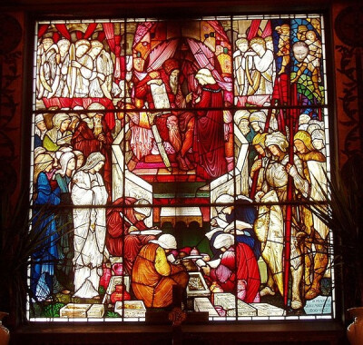 David's charge to Solomon shows the strongly linear design and use of flashed glass for which Burne-Jones' designs are famous.