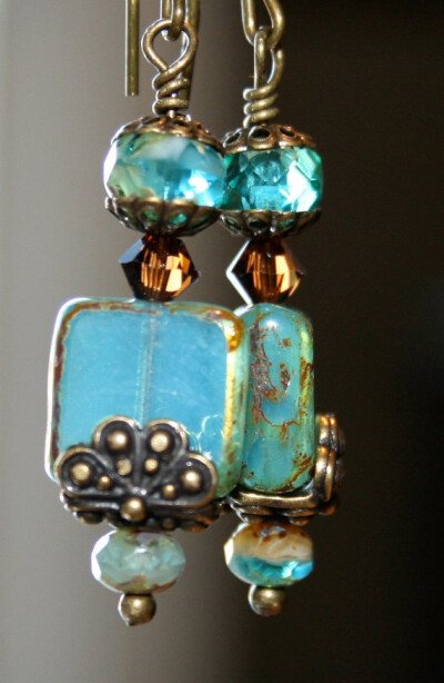 Aqua Picasso earrings Picasso bead earrings