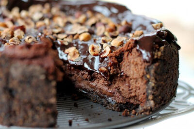 Dark Chocolate Cheesecake with Chocolate Hazelnut Ganache, Toasted Hazelnuts, &amp;amp; Sea Salt