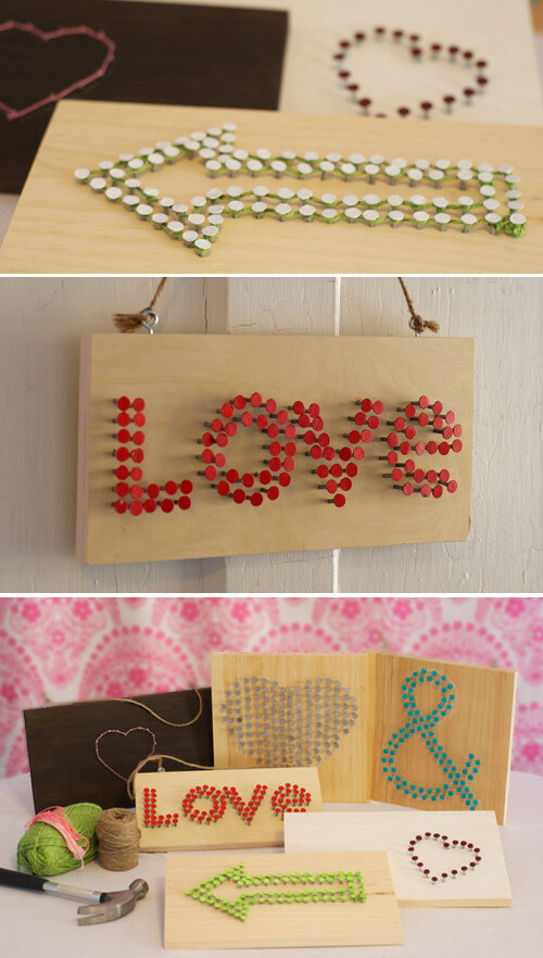 毛线，钉子，木板，创造婚礼上的创意标志