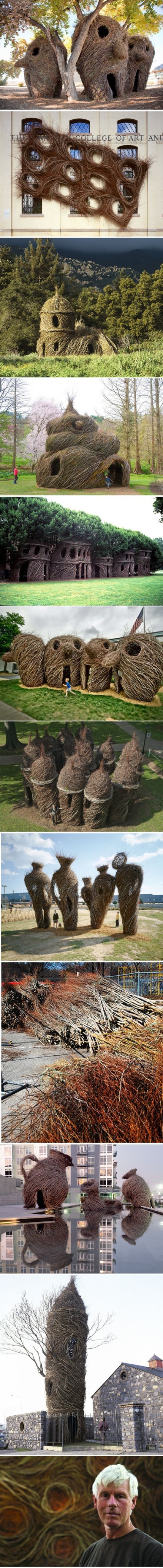 极致空间 #创意设计#美国艺术家Patrick Dougherty的大地艺术/雕塑作品，使用天然树枝材料和细致的编织结构制作，可以随着时间流逝分解。25年来，Patrick Dougherty运用木条在全世界制作了超过200个雕塑，每一个雕塑都成为一道亮丽的风景…