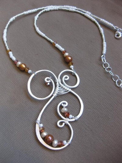 Copper, Cream and Silver, Pearl &amp;amp; Crystal Wire Work Necklace