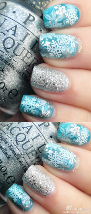 Snowflakes Jellysanwich 一直用亮片玩Jellysandwich，其实印花也可以~China Glaze - Isle see you later 稀薄的果冻蓝这样用正合适。无名指 O.P.I - It's frosty outside ，印章ENAS - A20 和 QA58 ，印油ENAS白色和我最推荐的essie镜面银 @韩国ENAS美甲印章 @海燕酱印花板拉线笔指甲油都好用