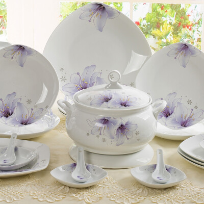 景德镇陶瓷器头骨瓷餐具套装结婚送礼碗盘勺碟紫相约可配面碗