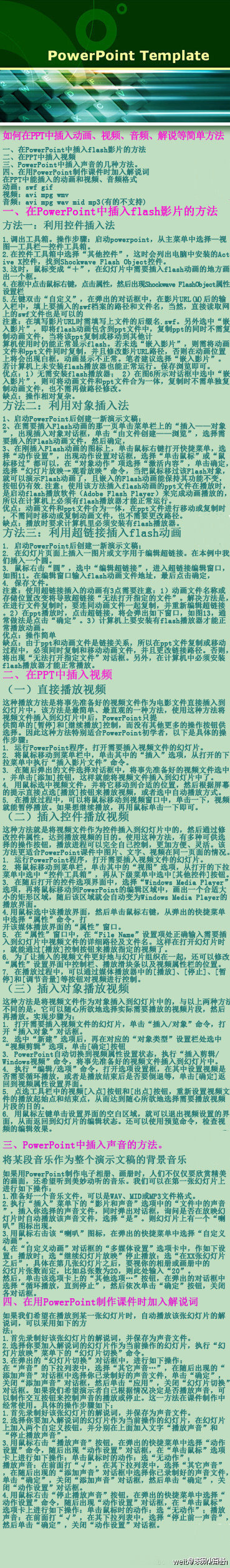 为大家整理的如何在PPT中插入动画、视频、音频、解说等简单方法。很多种简单方法供选择，学会了，你成为PPT制作演示达人，值得收藏。@实用小百科(转）