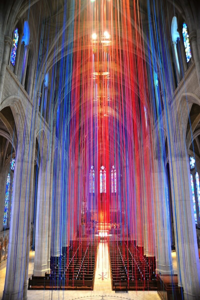 20 Miles of Stained Glass Colored Ribbon Hang Inside a SF Cathedral